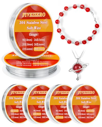FIVEIZERO Stainless Steel Wire for Jewelry Making,Include 18/20/22/24/26/28 Gauge 304 Stainless Steel Beading Wire Thin Metal Craft Wire for Necklace,Bead Stringing,Jewelry,Mother's Day and Crafts - size: mix Gauge