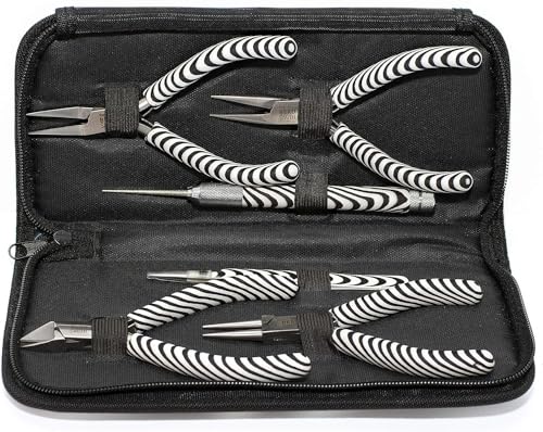 The Beadsmith Zebra Print Tool Kit – 6 Pieces: Chain, Round, and Bent Chain Nose w/Side Cutter, Tweezers, & Reamer with Zippered Pouch, 5-Inch Each - size: tool kit - 5" (6-piece)