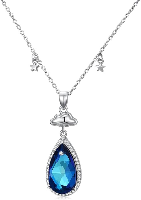 925 Sterling Silver Blue Crystal Pendant Necklace for Women, Teardrop/Round Crystal Jewelry for Christmas Birthday Valentine's Mother's Day Gifts