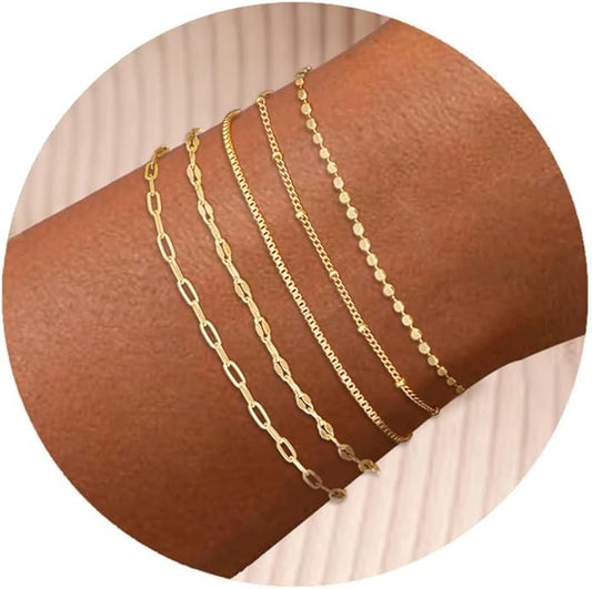 Gold Bracelets for Women, Trendy Adjustable 14K Gold Plated Stackable Link Bracelet, Dainty Thin Paperclip Chain Bracelets Stack Set