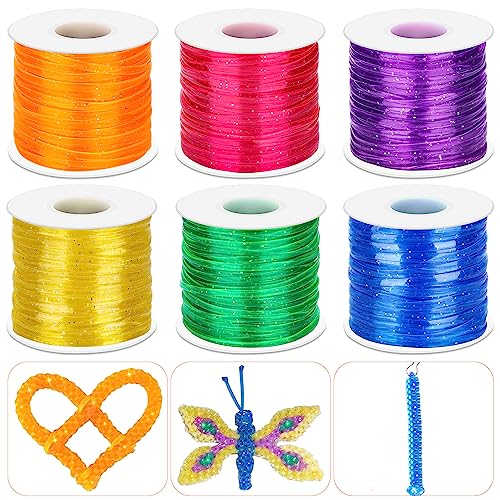 Cridoz 6 Pack Lanyard String Kit, Plastic Lacing Cord Gimp String Lanyard Weaving Kit for Boondoggle, Bracelets, Keychains, Crafts (Glitter) - style: Glitter