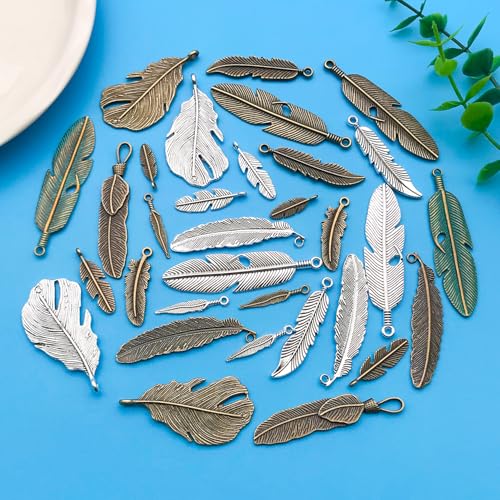 Youdiyla 32pcs Alloy Ancient Silvery Ancient Cyan Feather Series Pendant Jewelry Making DIY Keychain Earrings Pendant Various Design Charms for Jewelry Making Bracelets Necklace (M17) - color: M17