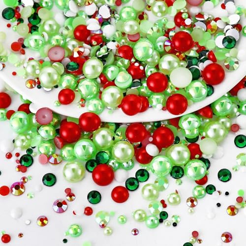 60g Mixed Pearls and Rhinestones - Flatback Rhinestones and Pearls for Crafts Tumblers Shoes Nails Face Art, 2-10mm Mixed Sizes, Red|Green|White - color: Christmas Blend | Mix Red | Green | White