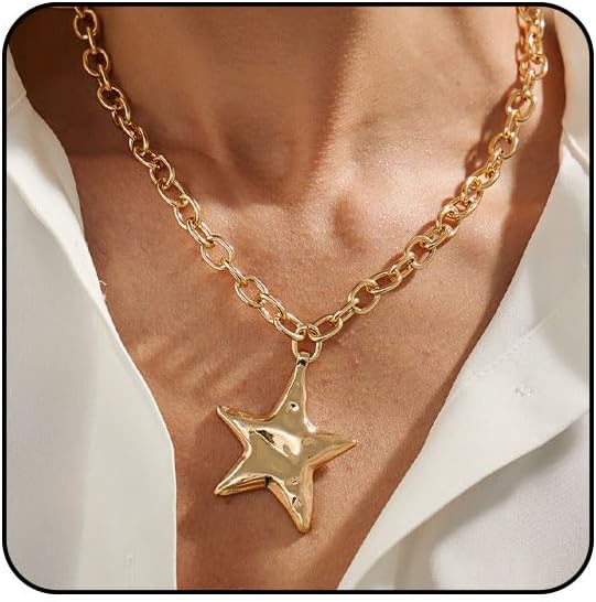Large Star Necklace Chunky Gold Necklace for Women Trendy Silver Big Statement Necklaces Bold Thick Paperclip Necklaces OT Toggle Chunky Jewelry Holiday Christmas Jewelry Gifts Stocking Stuffers