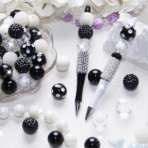 48 Pcs 20mm Beads for Pens Rhinestone Bubblegum Beads Mixed Crystal Acrylic Round Chunky Bead Sparkly Craft Large Balls Bead for Pen Beadable Keychain Bracelet Necklace DIY Jewelry Making Supplies - color: Black series