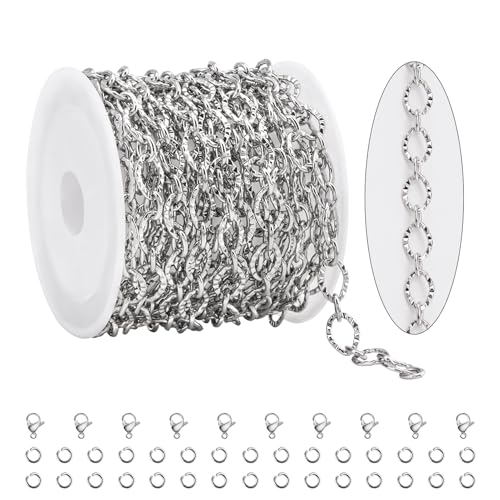 KYUNHOO 3 Meters Stainless Steel Necklace Chains for Jewelry Making Embossed Cable Links on Roll Rhombus Sunflower Shape Craft Chain with Lobster Clasps Jump Rings - color: Sunflower Silver