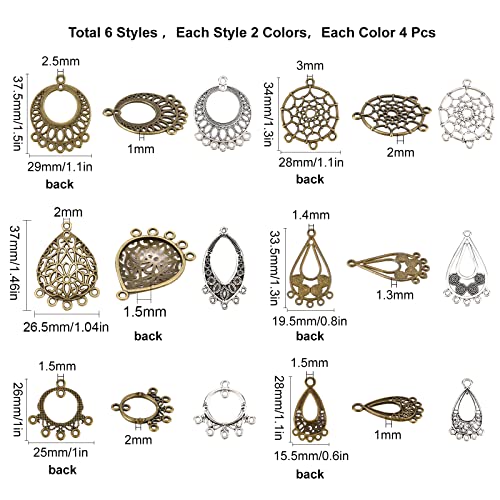 SUNNYCLUE 48Pcs 6 Styles 2 Colors Alloy Chandelier Component Links Charms Tibetan Style Earring Chandelier Filigree Pendants Findings for DIY Earring Necklace Jewellery Making Supplies Crafts - color: 48pcs 6 Styles 2 Colors