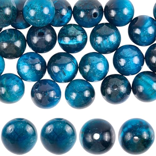 1 Box 50Pcs Blue Tiger Eye Beads Natural Agate Beads Loose Bulk Round Gemstone Dark Blue Black Polished Spacers for Jewelry Making Findings Bracelets Necklace Earrings DIY Crafts Beginners
