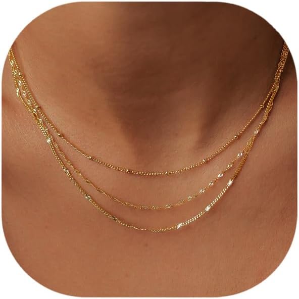 Gold Layered Necklaces for Women, 14K Gold Plated Dainty Gold Chain Choker Necklace Stack, Herringbone Gold Necklaces Set