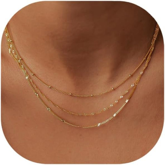 Gold Layered Necklaces for Women, 14K Gold Plated Dainty Gold Chain Choker Necklace Stack, Herringbone Gold Necklaces Set