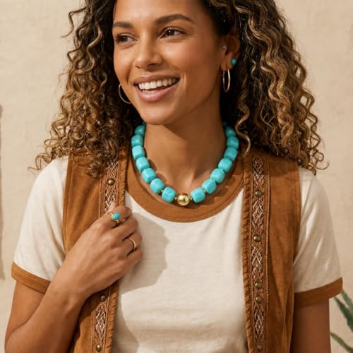 Mchic Colorful Beaded Choker Necklace for Women: Boho Large Square Acrylic Beaded Necklace Stainless Steel Adjustable Surfer Beach Strand Necklaces Summer Handmade Jewelry Gift for Women - color: Teal1