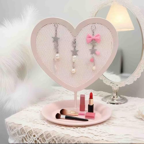 Earring Holder for Girls – Heart-Shaped Pink Metal Stand Jewelry Organizer with Tray for Rings & Bracelets, Cute Vanity Display for Teen Room Decor