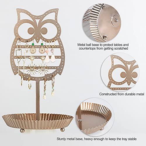 NIKKY HOME Earring Holder Hanging Organizer Stand Metal Jewelry Tree Table Top Owl Ear Stud Holder Tower Rack with Ring Tray for Girls (134 Holes), Gold - color: Rose Gold