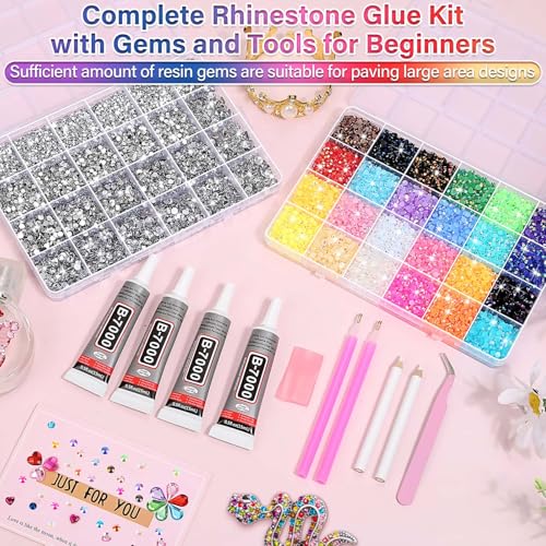 40000Pcs Resin Rhinestones with B7000 Jewelry Glue for Bedazzling Crafting, Rainbow Crystals Flat Back Gems with Craft Adhesive for DIY Graduation Cap Clothes Tumblers Shoes Nails and Face - size: 2mm-6mm