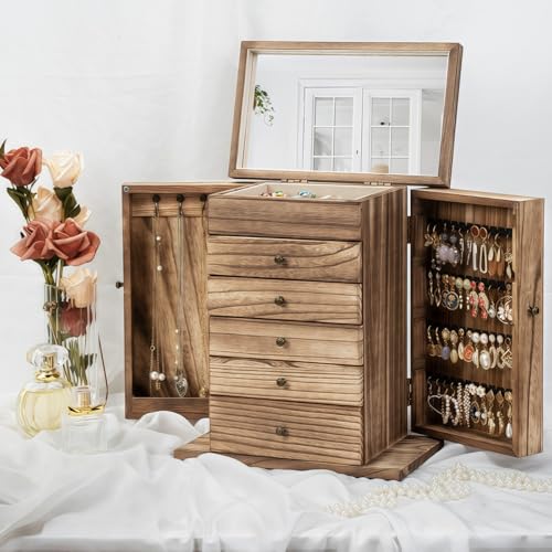 Emfogo Wooden Jewelry Box for Women, 6-Tier Large Jewelry Organizer Boxes with Mirror Rustic Solid Wood jewlery Storage Display for Rings Earrings Necklaces Bracelets watches(Carbonized Brown)