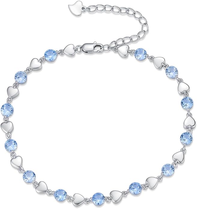 Birthstone Charm Link Bracelet 925 Sterling Silver Rose/Heart/Mom Bracelet with 12 Months Birthstone Mother's Day Gift Jewelry Gifts for Women,Chain Length 7"+2" Extend
