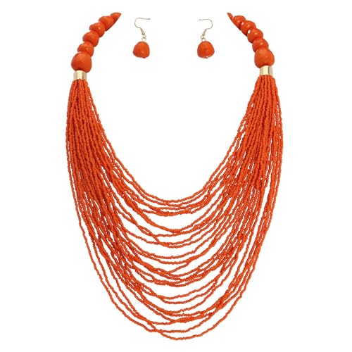 Bocar Necklace for Women, Multi Layer Statement Necklace, Long Chain Chunky Bib Seed Beads Necklace, Necklace Earring Set for Women Gift (NK-10693) - color: Orange-set