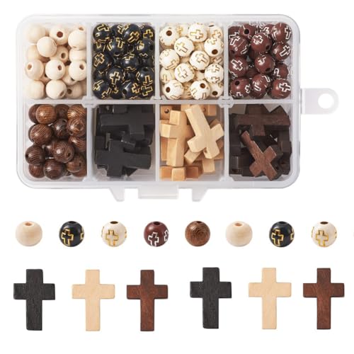 KISSITTY Rosary Making Kit Cross Rosary Beads 8mm Easter Round Wood Acrylic Cross Spacers Cross Pendant Beads for DIY Jewelry Making About 211pcs/box