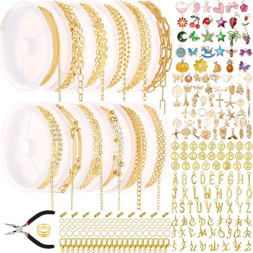 12 Rolls 39.4 Feet Gold Chains for Jewelry Making DIY Necklace Bracelet Chains Bulk Kit 178 Bracelet Charms 350 Jump Rings 80 Lobster Clasps Pliers Accessories Mother Day Graduation DIY Gift for Women