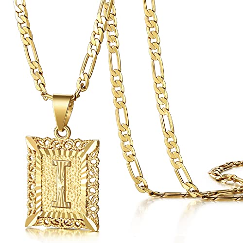 KissYan Initial Letter Pendant Necklace for Men Women, 14K Gold Plated Square Capital Monogram Necklace Alphabets from A-Z Figaro Chain Jewelry - color: 1-Gold, style: I