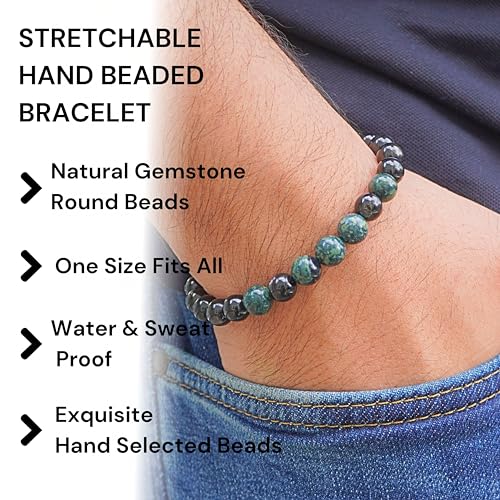 Black Obisidian Bracelets for Men 8" Inch Full Stretch Healing Crystal Bracelet, Beaded Charm Bracelet for Men Gifts Fathers Day Anniversary Birthday Gifts for Him - color: Black Obsidian & Jasper Bracelets