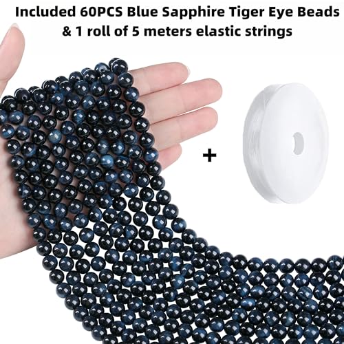 QINJIEJIE 60PCS Blue Sapphire Tiger Eye Beads 8mm Stone Beads Round Loose Gemstone Bead for Bracelet Beading Crystal Jewelry Making DIY Necklace Earrings 0.32" - color: Sapphire Tiger's Eye, size: 60PCS