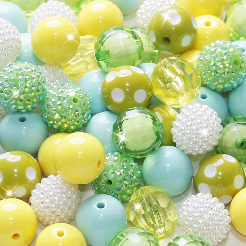 48 Pcs 20mm Beads for Pens Rhinestone Bubblegum Beads Mixed Crystal Acrylic Round Chunky Bead Sparkly Craft Large Balls Bead for Pen Beadable Keychain Bracelet Necklace DIY Jewelry Making Supplies - color: Green series