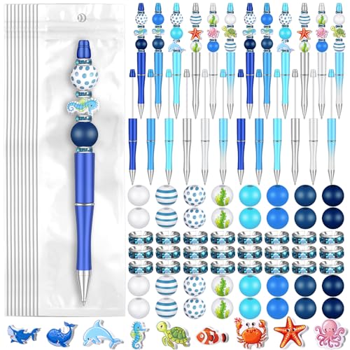 Colarr 24 Sets Plastic Beadable Pens DIY Pens Making Kit Assorted Wood Beads Crystal Spacer Black Ink Ballpoint for Women Crafts Office Family Gifts(Sea Animals) - style: Sea Animals
