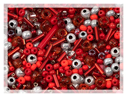 0.7oz (20g) Mix of Small Rocailles, Seed Beads & Bugles 2-10mm Preciosa Ornela Czech Glass Beads, Mix Red Gray - color: Seed Beads Mix - Red Gray, size: Mixed Sizes 2-10mm