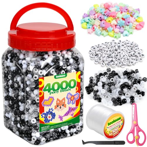 IOOLEEM Black White Solid & Glitter Bulk Pony Beads - 4000pc Kit for Friendship Bracelets & Jewelry Making, Easy Storage - color: Black & White