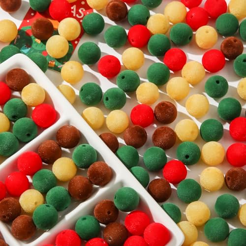 16mm Acrylic Beads 100pcs Christmas Pom Pom Bead Loose Fuzzy Faux Fur Poms Beads for DIY Crafting Necklace Bracelet Jewelry Making Keychain (mrsd) - color: red&yellow&green