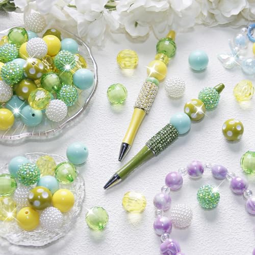 48 Pcs 20mm Beads for Pens Rhinestone Bubblegum Beads Mixed Crystal Acrylic Round Chunky Bead Sparkly Craft Large Balls Bead for Pen Beadable Keychain Bracelet Necklace DIY Jewelry Making Supplies - color: Green series