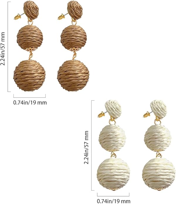 4 Pairs Handmade Raffia Rattan Bohemian Round Drop Dangle Earrings for Women, Boho Statement Cute Fun Hoop Earrings Set