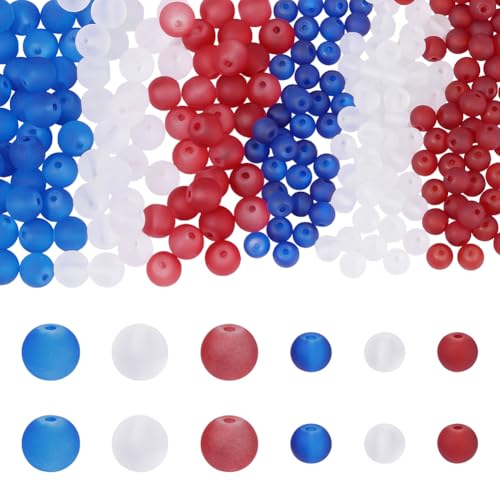 PH PandaHall 360pcs Frosted Glass Beads, 6mm 8mm Matte Round Crystal Beads 3 Colors Red White Blue Patriotic Bead for 4th of July Independence Day Necklace Bracelet Earrings Jewelry Making DIY Crafts