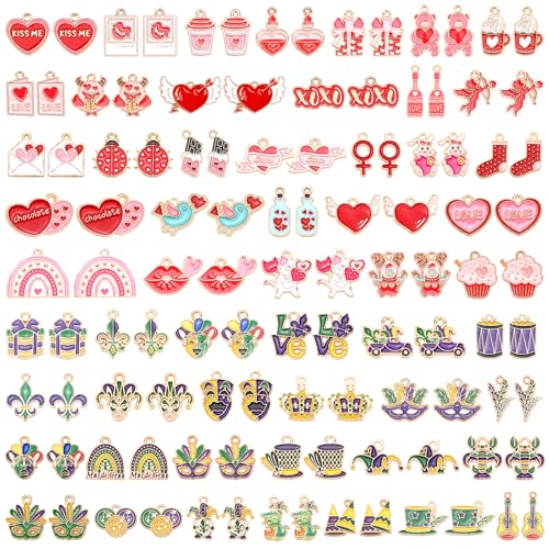 SANNIX 110Pcs/55 Pairs Valentine's Day Mardi Gras Charms, Assorted Gold Enamel Charms for Jewelry Making, Holiday Pendants for Bracelets Necklaces Earrings Keychains Craft Supplies - style: Valentines Mardi Gras