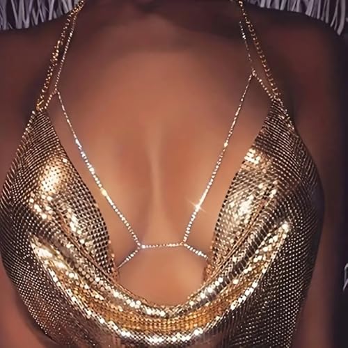14K Gold Plated Body Chains for Women, Sexy Layered Belly Waist Chain Crossover Bikini Bra Chain, Summer Beach Rhinestone Body Jewelry - style: Silver Rhinestones2