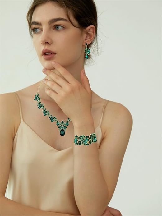 Wedding Leaf Flower Crystal Teardrop Pendant Necklace Dangle Earrings Stretch Bracelet Jewelry Set for Women Bridal Party Prom