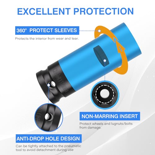4PCS 1/2" Drive Wheel Protector Impact Socket, Non-Marring Lug Nut Deep Socket Set, CR-MO, 6 Point, Color-Coded Protective Socket | Metric 17 19 21 22 mm - size: 1/2" Protective Cover Sockets 4pcs