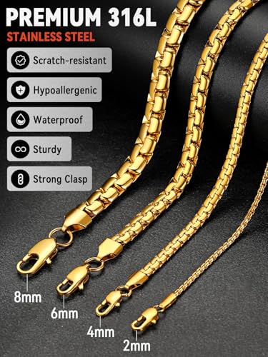 FaithHeart Mens Black/Silver/Gold Stainless Steel Flat Box Link Chain Necklace, Stylish 2/4/6/8mm Width Box Chains Necklaces for Men Non Tarnish Hip Hop Chain Jewelry Gifts,14"-30" Length - color: 2mm Width-Gold, size: 18 Inches Length