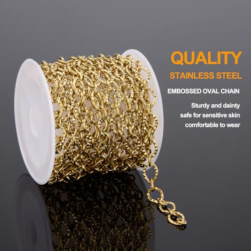 KYUNHOO 9.8 Feet Gold Plated Jewelry Making Chains Bulk on Spool Embossed Stainless Steel Chain for Crafts DIY Charm Necklace Bracelet Jewelry Supplies with Lobster Claws - color: Sunflower Gold