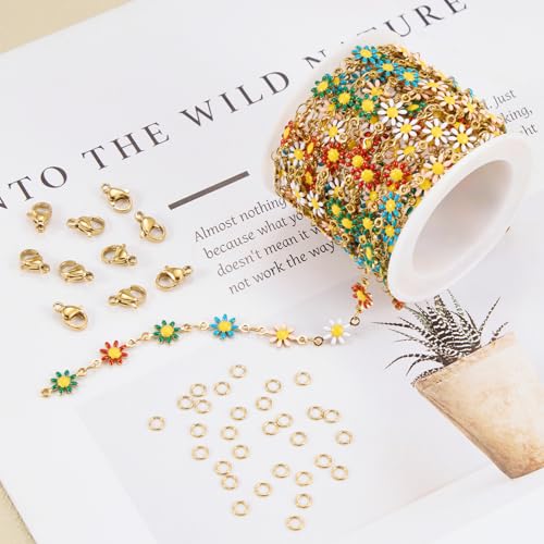 SMYHTGLIF 9.8 Feet Gold Daisy Jewelry Chain Stainless Steel Chain for Jewelry Making Colorful Flower DIY Making Findings - color: Colorful Gold
