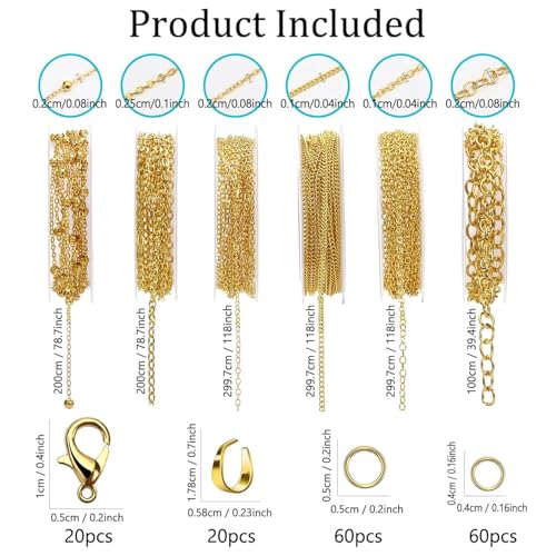 6 Rolls Necklace Chains for Jewelry Making 46 Feet Chain Jewelry Chain with Jump Rings Lobster Clasps Pinch Clasps for Jewelry Craft DIY Making Supplies (Gold) - color: 6 Rolls Gold