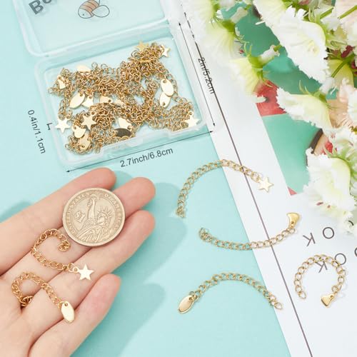 Beebeecraft 1 Box 30Pcs Gold Extender Chains 304 Stainless Steel Chain Extension with Heart Star Oval Charms Bracelet End Curb Chain Extenders for Jewelry Making Bracelets Supplies DIY Craft (58~68mm) - color: Gold-mix Flat