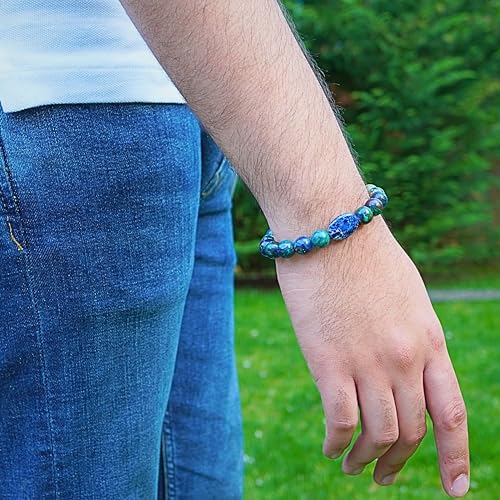 Black Obisidian Bracelets for Men 8" Inch Full Stretch Healing Crystal Bracelet, Beaded Charm Bracelet for Men Gifts Fathers Day Anniversary Birthday Gifts for Him - color: Malachite Azurite & Lapis Lazuli Bracelets