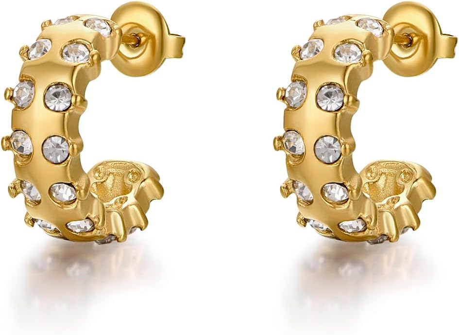 Gold Earrings for Women Girls,14K Gold Plated Hoop Earrings with 925 Sterling Silver Post Cubic Zirconia Stud Earring Huggie Hoops Earrings