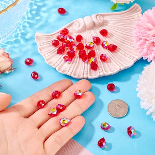 50Pcs Red Faceted Glass Teardrop Beads Electroplate Top Drilled Drop Loose Spacer Beads Transparent Crystal Water Drop Bead Teardrop Chandelier Charms for DIY Earring Bracelet Jewelry Making - color: Red
