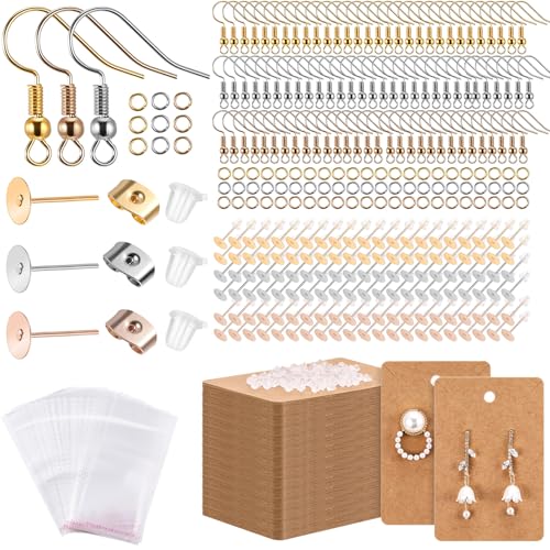 Tondiamo 2400 Pcs Earring Making Kit, Include Bright Gold, Silver and Gold Ear Hooks, 300 Earrings Cards Anti Sensitive Earring Making Tool with Jump Rings and OPP Bags for Repair(Brown Cards) - color: Brown Cards