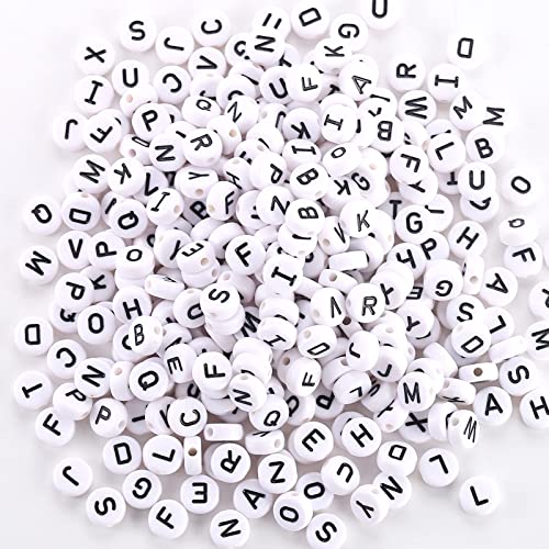 500 Pcs Black on White Alphabet Beads Round Acrylic Letter Beads 10mm White Letter Bead Alphabet A-Z Bead forJewelry Making DIY Friendship Bracelet Necklace Earrings - color: black-white