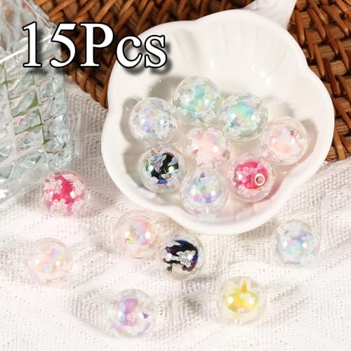 15Pcs Acrylic Beads Round 16mm UV Bead in Bead with Butterfly Print Fit for DIY Jewelry Bracelet Necklace Keychain Beadable Pens Mobile Phone Chain Making Cute (Butterfly-White) - color: Butterfly-White