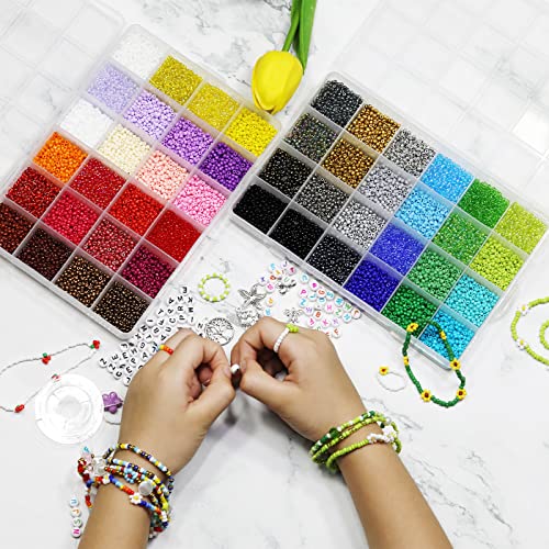 18800Pcs 3mm 48-Color Glass Seed Beads + 260 Alphabet Letter Beads DIY Jewelry Making Kit | Adult Craft Supplies with Elastic String, Charms, Rings for Bracelet Necklace Art Projects - color: 48 Colors